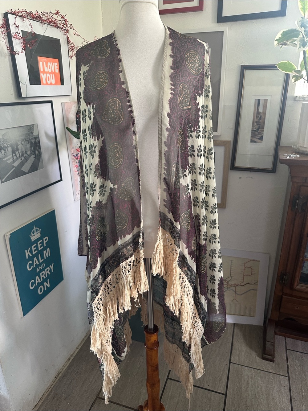 entro Boho Fringe Open Front Kimono in Purple and Cream